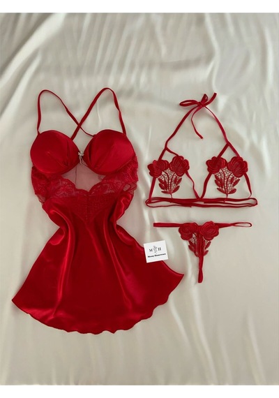 Mh Moony Homewears Kutulu 3'lü Muhteşem Güzellik Saten Gecelik Iç Giyim Seti Kırmızı