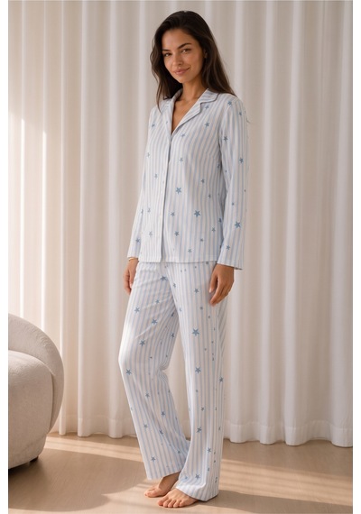Womanandkids Mavi Kadın Desenli Basic Kış Pijama Takımı