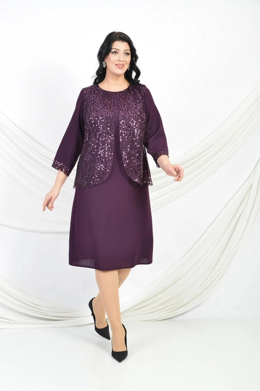 Lilas Xxl Büyük Beden Mürdüm Renkli Pul Payetli Kısa Abiye Elbise Koyu Mürdüm