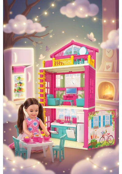Lola'nın Evi 3 Katlı Mobilyalı Ve Bebekli Oyuncak Ev Seti 40 Cm