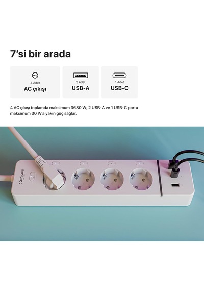 Ayrex Xenon Smart Akıllı Çoklu Priz Wi-fi 4 Ac Çıkışlı 2 Usb-a Ve 1 Usb-c Portlu 7in1 180 Cm Kablo Google Home V 0