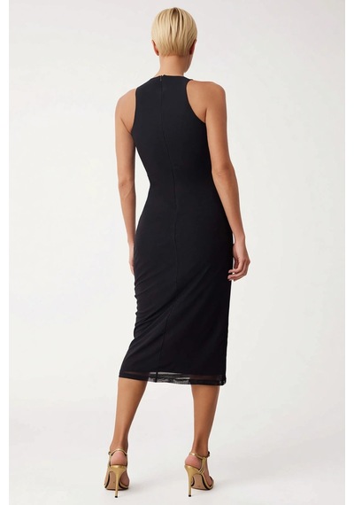 Benerly Kadın Halter Yaka Kolsuz Leopar Desenli Bodycon Midi Kokteyl Elbi Siyah