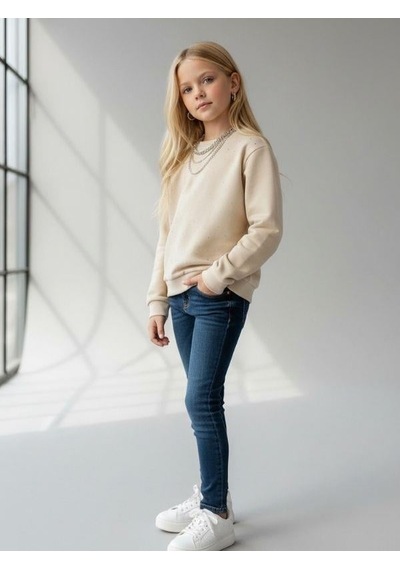Kız Çocuk Pamuklu Taşlı Sweatshirt-16747 KREM