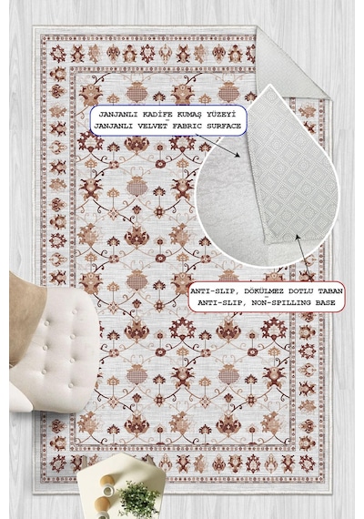 Dijital Baskılı Renkli Kilim Desenli Kaymaz Taban Yıkanabilir Halı gri