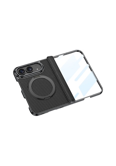Apple Uyumlu iPhone Duo Kılıf M-safe Şarj Özellikli 360 Derece Dönebilen Standlı Zore Kıpta Kpt-17 Deri Tas Siyah Karbon