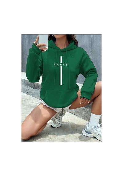 Medinenur Paris Dikey Kapüşonlu Cepli Sweatshirt Yeşil