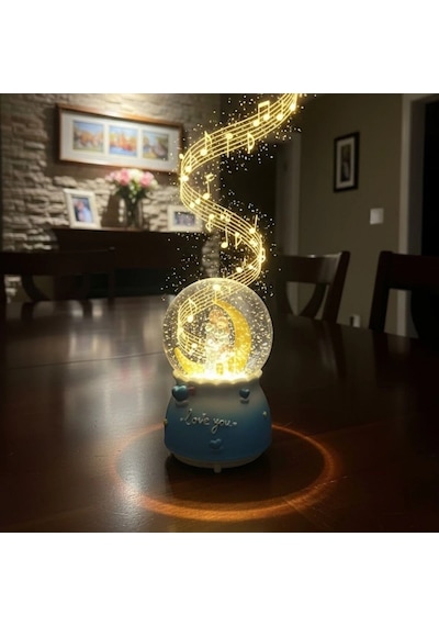 Pilli Işıklı Müzikli Kar Küresi-hilal Ay Figürlü Romantik Masaüstü Biblo, Led Aydınlatmalı Dekoratif Hediyelik Kar Küresi Bx40