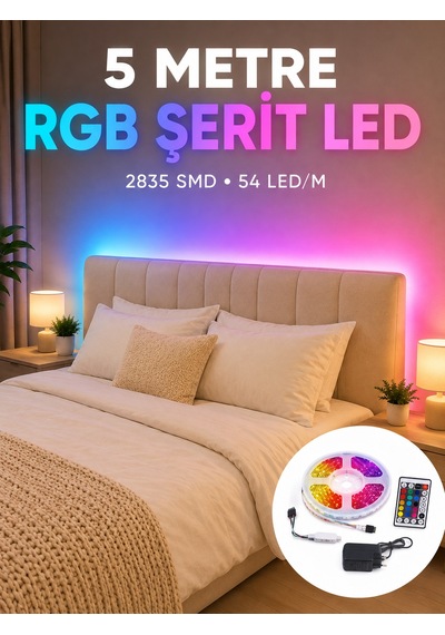 2835 Rgb Şerit Led 5 Metre 54 Led/m Uzaktan Kumandalı Renkli Dekorasyon Işığı Altın