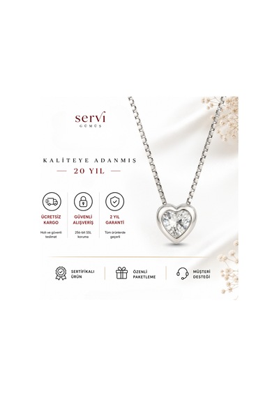 Servi 925 Ayar Gümüş Crystal Heart Tektaş Kalp Kolye-507