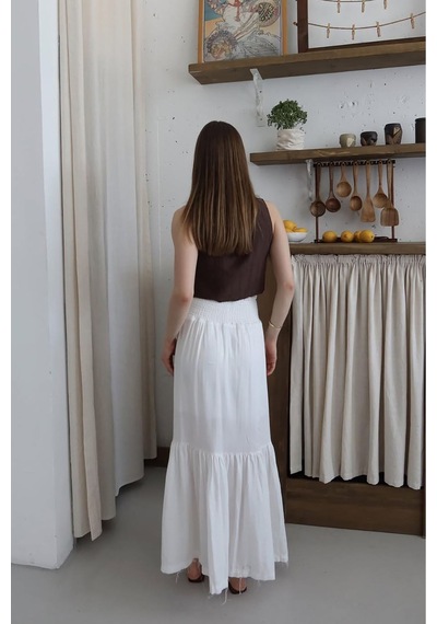 Neşeli Butik Kadın Müslin Kumaş Asimetrik Etek Nbnp011 Beyaz