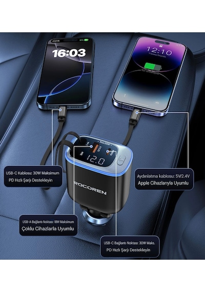 72w 4'ü 1'arada Geri Çekilebilir Kablo Type-c+iphone Lightnig+usb