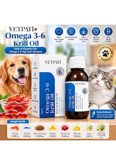 Vetpati Omega 3-6 Krill Oil Kedi Ve Köpekler İçin Sıvı Yağ Takviyesi 100 ML