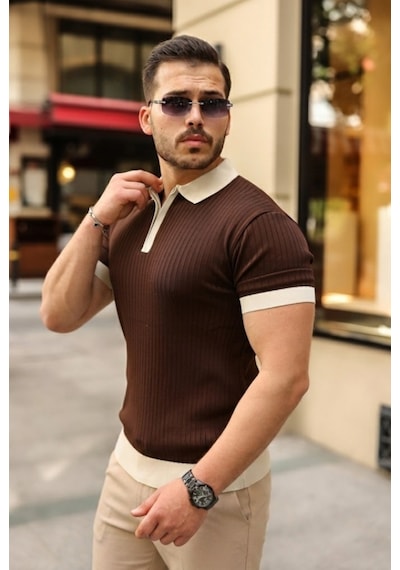 Efnaz Style Erkek Yaka Ve Kol Detaylı Fermuar Yakalı Çizgi Desen Kısa Kollu Triko Tişört Kahverengi