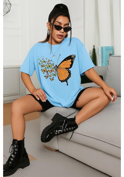 Kelebek Baskılı Oversize Unisex Tişört Bebe Mavisi