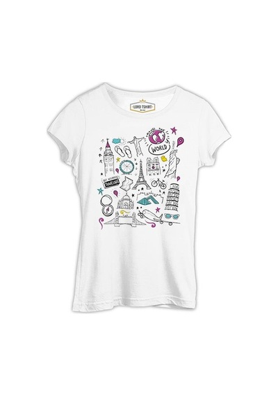 Travel The World Eiffel Pisa Liberty Big Ben Beyaz Kadın Tshirt 001