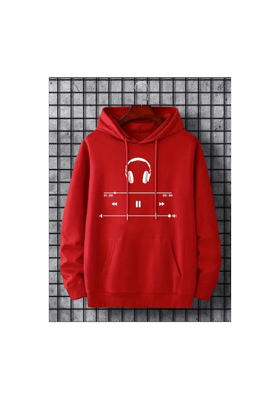 Medinenur Kulaklık Baskılı Kapüşonlu Cepli Sweatshirt Kırmızı