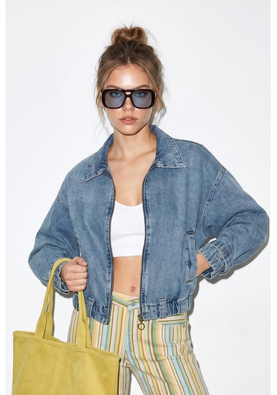 Shade Kadın Fermuarlı Kemer Detaylı Oversize Denim Ceket 3667 60286206 - Buz Mavisi