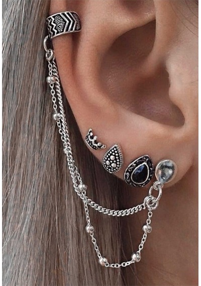 Lunarie Gümüş Kaplama Siyah Taşlı Vintage Ear Cuff Seti Küpe