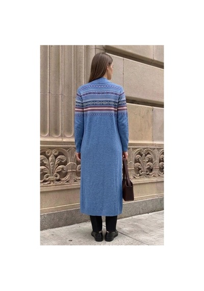 Onno Style Women Kilim Desen Uzun Triko Kadın Hırka Mavi