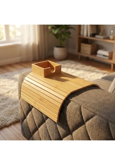Deconox Bambu Koltuk Kenarı Tepsisi Ve Organizer - Katlanabilir Bölmeli Ahşap Kanepe Yanı Sehpa, Bardaklık Ve Kumandalık 41 X 33.5 X 4.5 Cm Abanoz - Beyaz