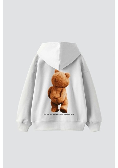 Bear Sırt Baskılı Oversize Unisex Beyaz Beyaz