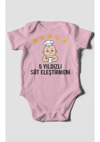 5 Yıldızlı Süt Eleştirmeni Baskılı Bebek Zıbını Çıtçıtlı Body 8 Renk %100 Pamuk Kısa Kol Koyu Pembe