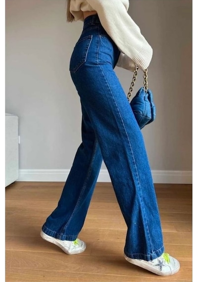 Vanes Gold Ikon 90's Koyu Mavi Likralı Süper Extra Yüksek Bel Palazzo Salaş Jean Pantolon Koyu Mavi