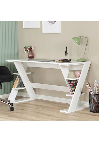 Pasific Home Lungo Raflı Çalışma Masası, Ofis Masası, 60X140 Cm, Parlak Beyaz