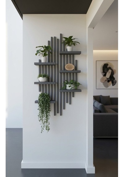 Ahşap Dekoratif Duvar Rafı - 120x60 Cm Modern Çıtalı Çiçeklik - Antrasit Gümüş
