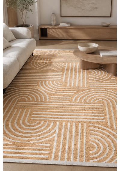 Zelve Geometrik Hardal/beyaz Kaymaz Taban Yıkanabilir Salon Halısı