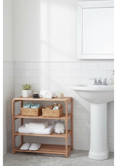 Reyo Bysay 4 Raflı Banyo Düzenleyici Raf Ahşap Mutfak Banyo Dolabı Çok Amaçlı Düzenleyici Raf Ahşap