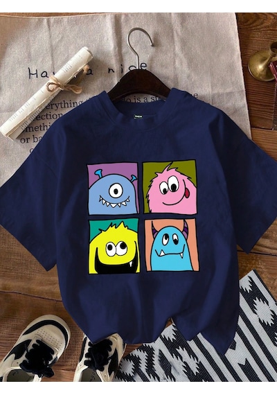 Unisex Canavarlar Baskılı Tasarım Tshirt Lacivert