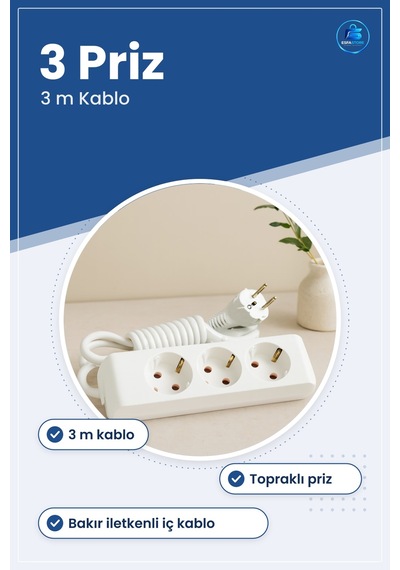Uzatma Kablosu 3 Prizli M Uzatıcı Çoklayıcı Topraklı Priz Beyaz E