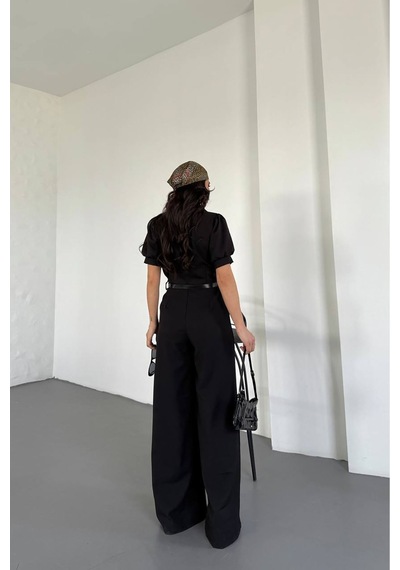 Neşeli Butik Kadın Gömlek Yaka Kemerli Geniş Paça Tulum Nbk4197 Siyah