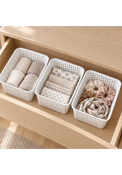 3 Adet Beyaz Plastik Sepet Düzenleyici Organizer Seti, Çok Amaçlı Delikli Saklama Sepeti, Çekmece İçi Ve Dolap İ Diğer