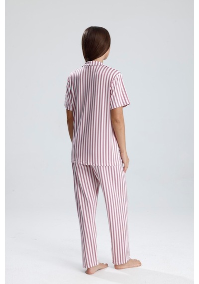 Kompedan Kadın Çizgili Önden Düğmeli Pijama Takım Mor Çzg Mor