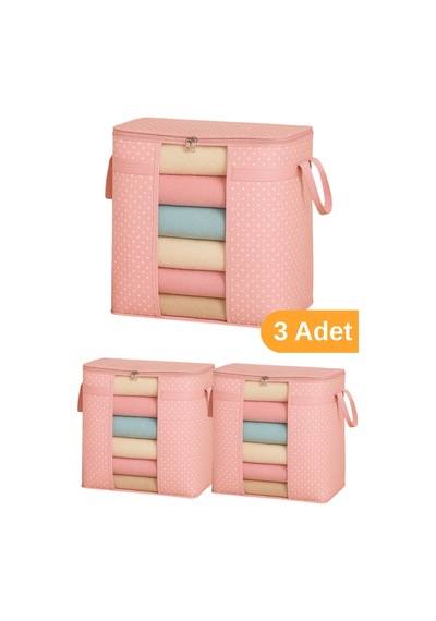 Serstil 3 Adet - Pencereli Saklama Çantası 50 X 45 X 30 Cm - Pembe Benekli Pembe Puantiyeli