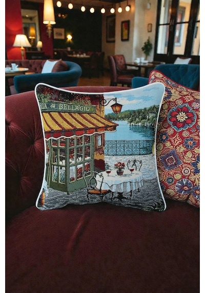 Kırlent Kılıfı Goblen Dokuma Kumaş - 45x45cm Çift Taraflı Biyeli Dekoratif Kırlent Kılıfı - Vs-274 Çok Renkli