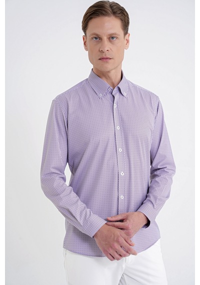 Slim Fit Yaka Düğmeli Baskılı Pamuklu Bordo Gömlek G 1606