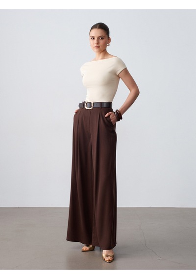 Dilvin 72692 %100 Lyocell Pileli Geniş Paça Pantolon-kahve