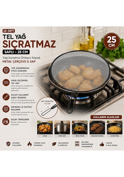 İbico İ22-421 Saplı Tel Yağ Sıçratmaz - 25 Cm Siyah Metal Çerçeveli 14 Cm Sap- 12'li Paket Diğer