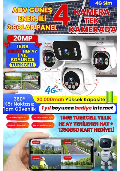 Sim Kartlı Kamera , Güneş Enerjili 4 Kameralı Solar Panelli Kamera , 20000 Mah 2 Solar Panel 4g Ioma