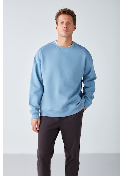 Grimelange Stephan Erkek Yumuşacık Kışlık Kumaşlı 3 Iplik Organik Pamuk Örme Oversize Mavi Sweatshirt