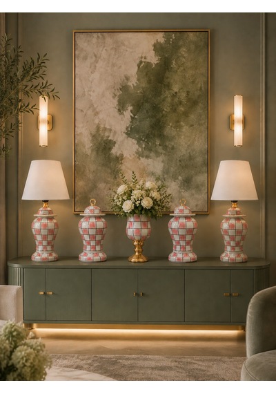 Dekoratif Salon Seti Pembe Damalı 5 Parça Gold