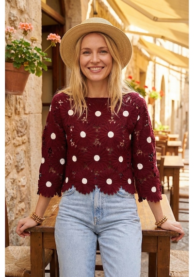 Sayzen Your Shine Tığ Işleme Dantel Çiçek Desenli Bluz Sy-2601-tg Bordo
