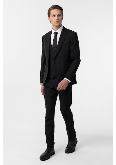 Süvari Siyah Slim Fit Düz Sivri Yaka 6 Drop Yelekli Klasik Takım Elbise