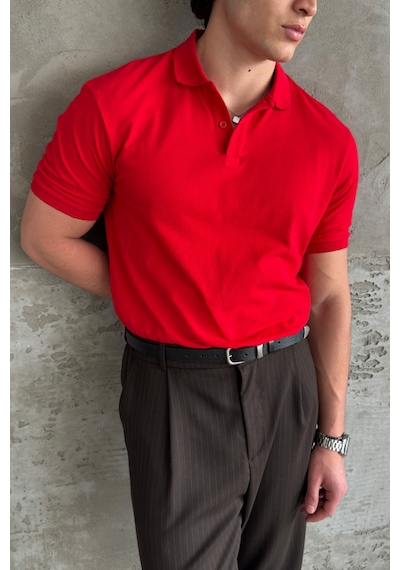 Erkek %100 Pamuk Düğmeli Polo Yaka T-shirt Kırmızı