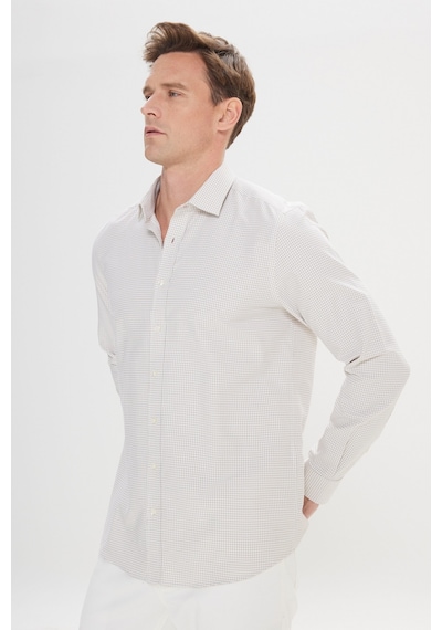 AC&Co / Altınyıldız Classics Erkek Beyaz Bej Kolay Ütülenebilir Slim Fit Dar Kesim Düğme Yaka Gofre Desenli Gömlek Beyaz Bej