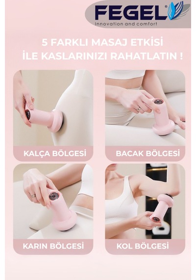 Fegel FG-720 6 Kademeli 5 Başlıklı Şarjlı Profesyonel Masaj Tabancası Pembe