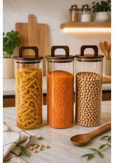 Aria- 3'lü Borosilikat Bambu Kapaklı Kavanoz 1300 Ml Düz Kahverengi